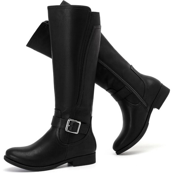 Shoes - Women's Leather Black Knee High Flat Tall Zipped Round Toe Winter Casual Boot